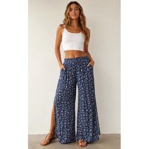 SaltyLemon Floral Boho Wide Leg Pants Blue Lightweight Summer